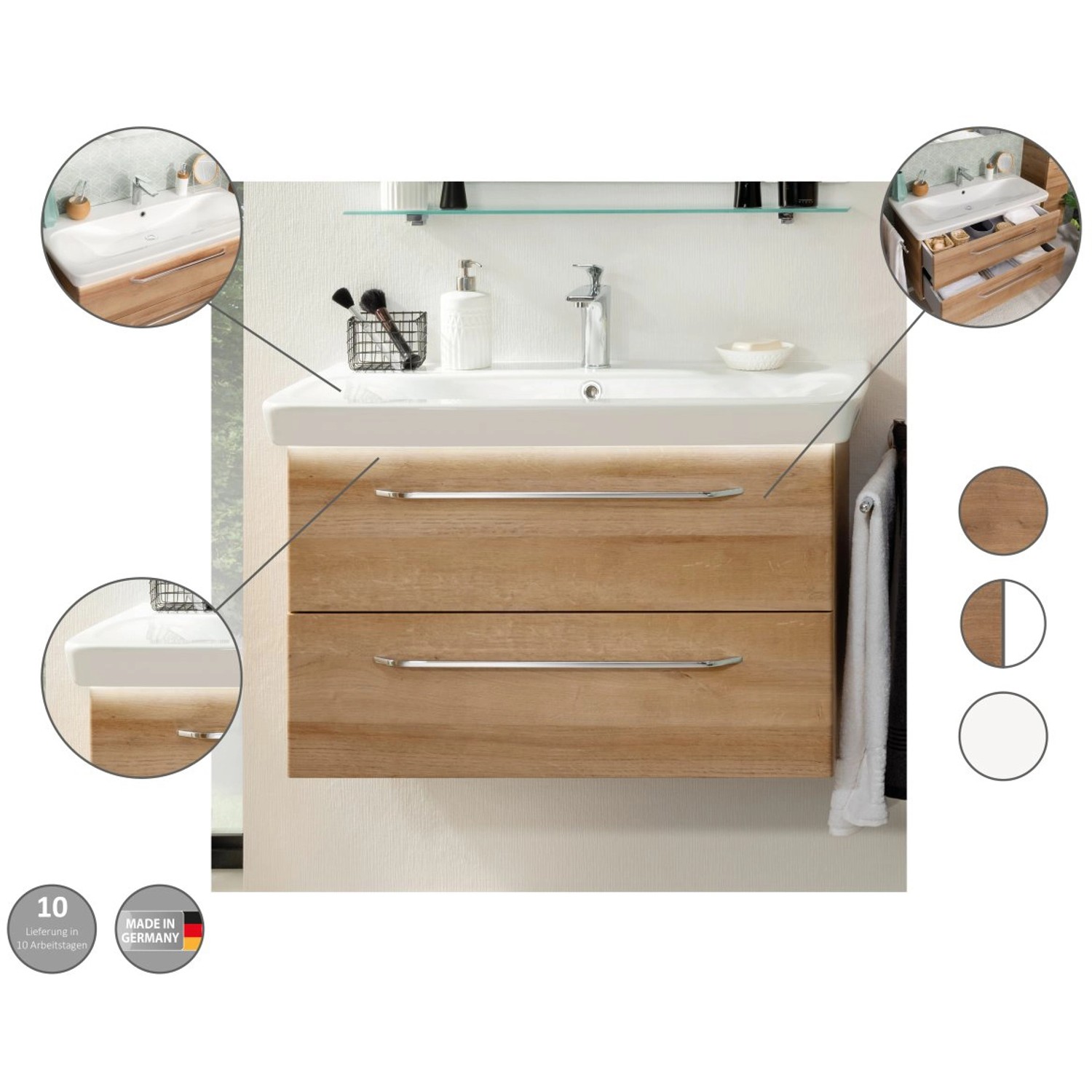 Fackelmann Waschbeckenunterschrank Milano Asteiche 80 cm mit zwei Schubladen und Softclose.