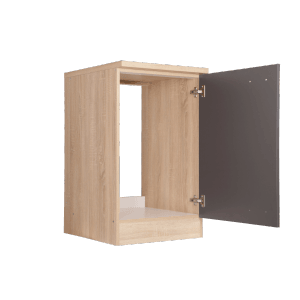 Respekta Spülenunterschrank Merle, 50 cm, Grau, mit offener Tür und Holzoptik.
