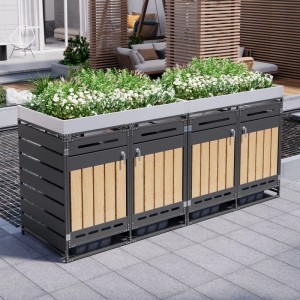 Mülltonnenbox mit Pflanzkasten und Holzmaserung, 4 Fächer für Mülltrennung im Garten.
