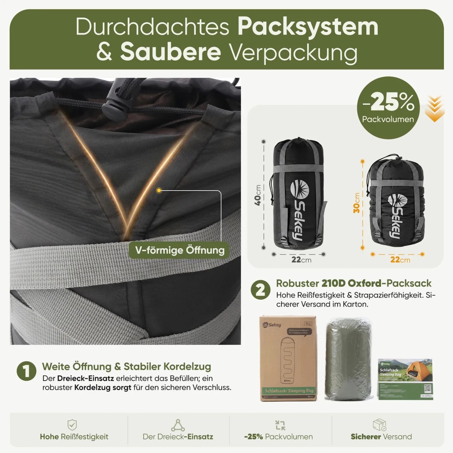 Sekey Schlafsack, 3 Jahreszeiten, grün, verpackt im Packsack mit Kordelzug und V-förmiger Öffnung.