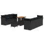 Schwarzes 10-teiliges Gartenmöbel Set aus Polyrattan mit Akazientisch und Kissen.