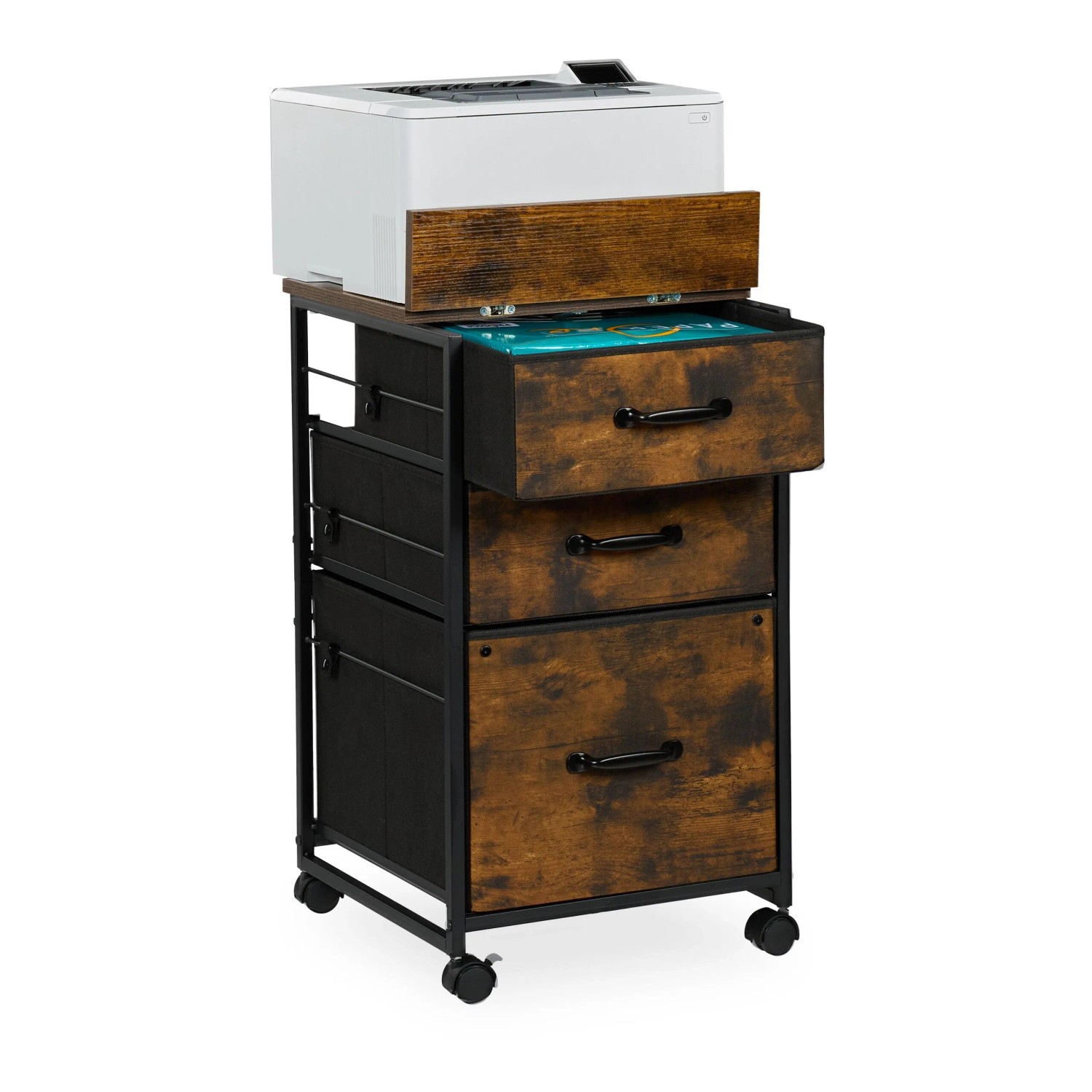 Relaxdays Rollcontainer MDF Stahl Braun 3 Schubladen Rollbar Klappbar mit Hängeregister 68 cm x 40 cm x 40 cm 7 kg