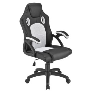 Juskys Racing Schreibtischstuhl Montreal Weiss, Bürostuhl mit schwarzem Kunstleder und weißem Netzstoff.