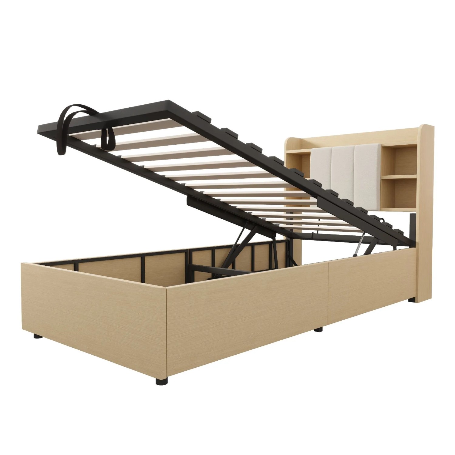 Merax Holzbett 90x200cm Hydraulik USB-C Stauraum Holzfarbe