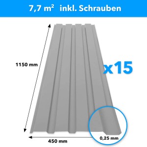 Hellgraues Karat Trapezblech 115x45cm, 15er Set inkl. Schrauben für Dach und Wand.