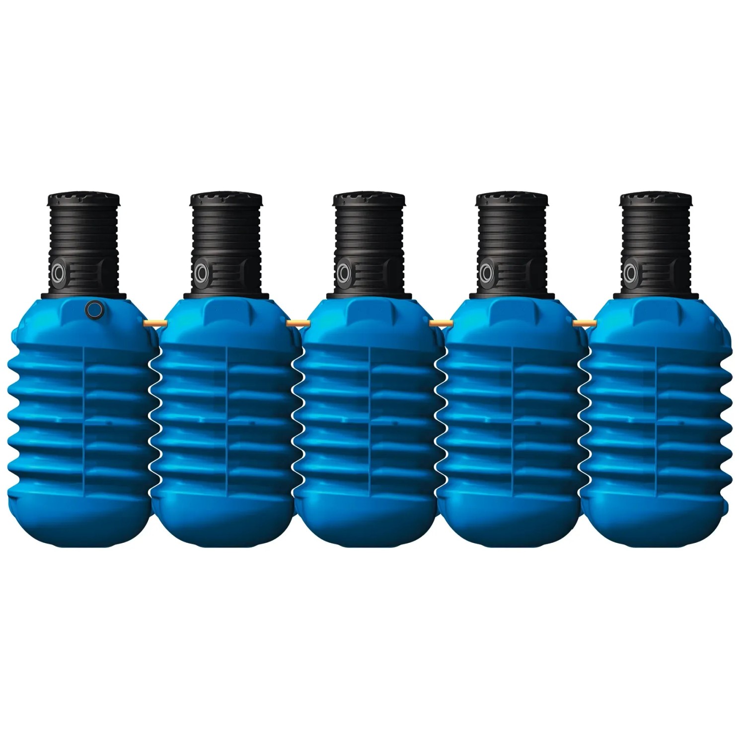 4rain Erdtank-Paket Modularis 12.500 l Haus-Premium: Blaues Erdtanksystem mit fünf Modulen und schwarzem Domschacht.