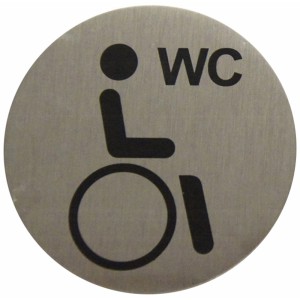 Aluminium Hinweisschild Behinderten WC, rund, mit Rollstuhl-Symbol und WC-Schriftzug.