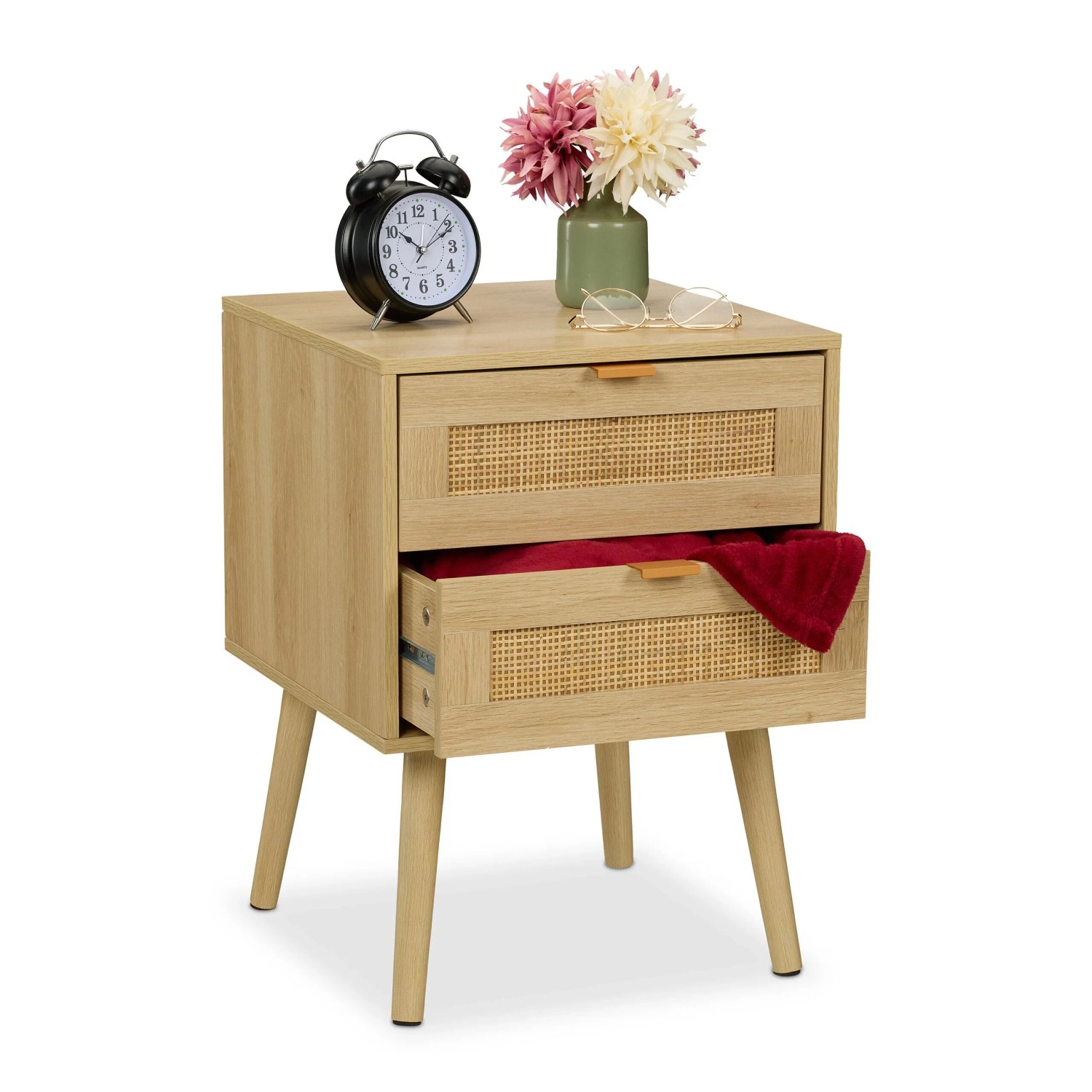 Relaxdays Nachttisch Faserplatte Kiefernholz Aluminium Natur Mit 2 Schubladen 55 cm x 40 cm x 41,5 cm 8,9 kg