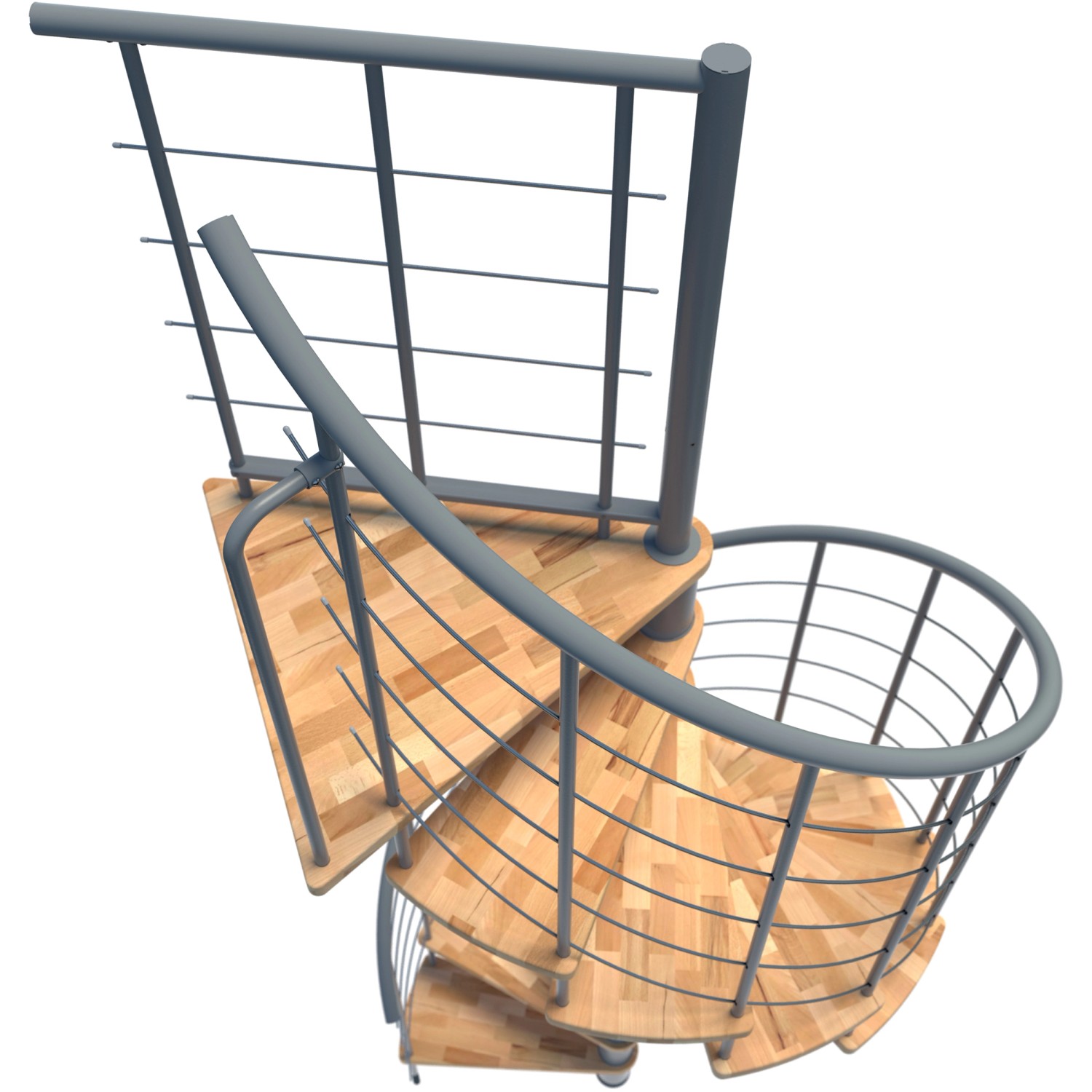 Minka Spindeltreppe Venezia Smart Buche Grau, Draufsicht. Innentreppe mit Holzstufen und grauem Geländer.