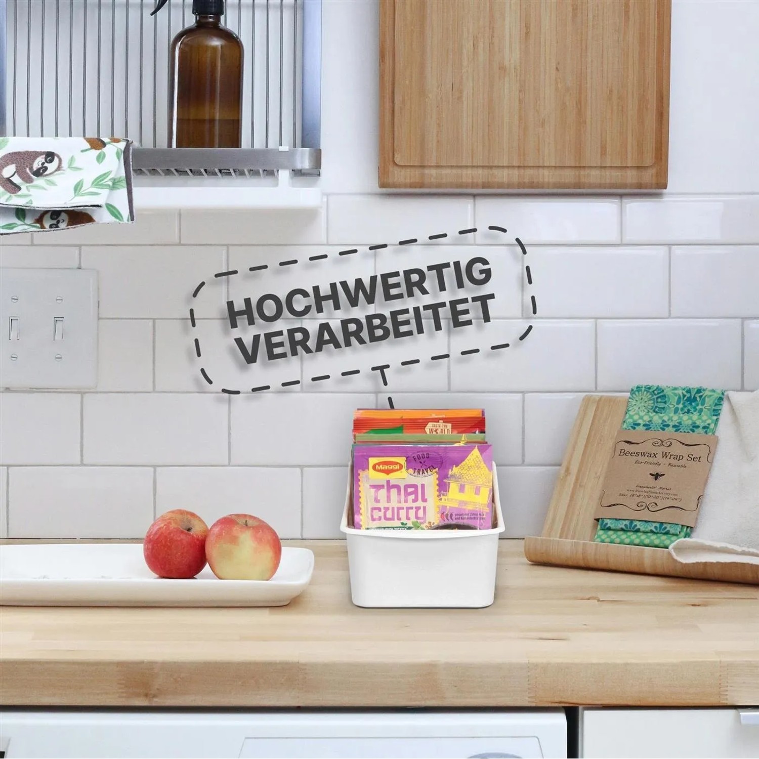 ProHome Küchenorganizer, 2er-Pack, weiß, für Gewürze und Tüten auf einer Küchentheke.
