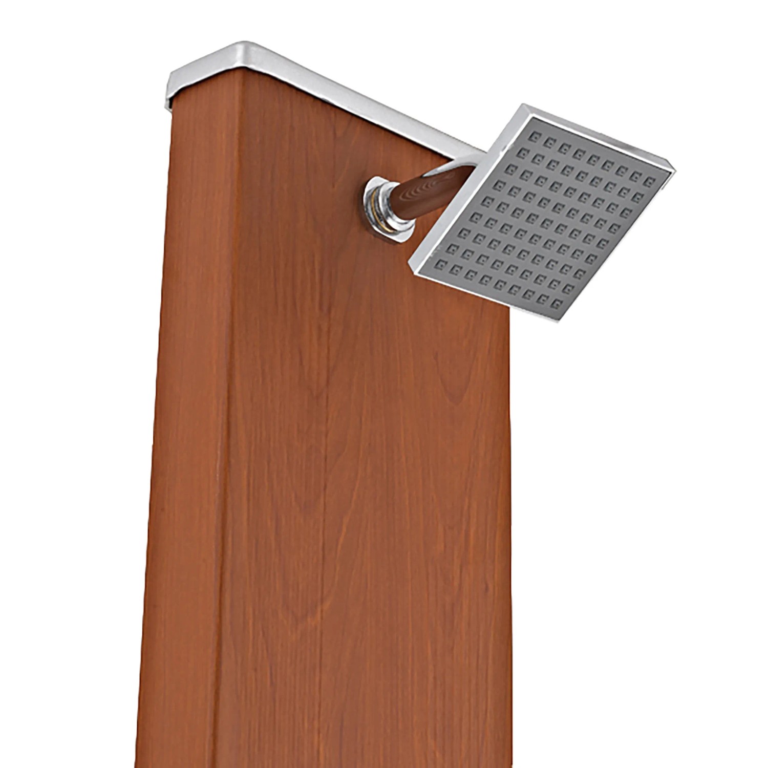 Gre Solardusche aus Aluminium in Holzoptik mit quadratischem Duschkopf.