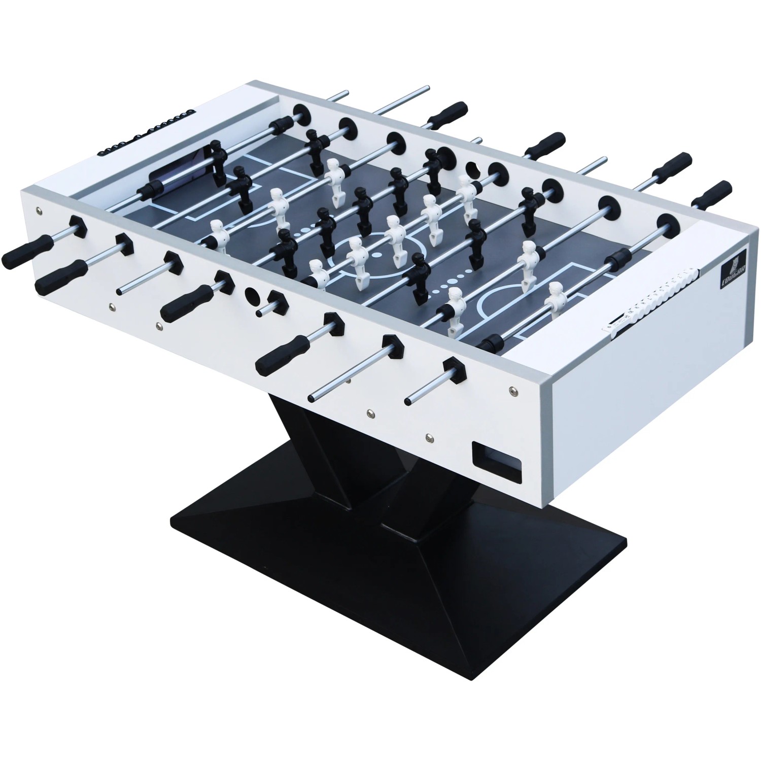 Cougar Worldcup Premium Pro Fußballtisch mit schwarz-weißen Figuren und Metallfuß.