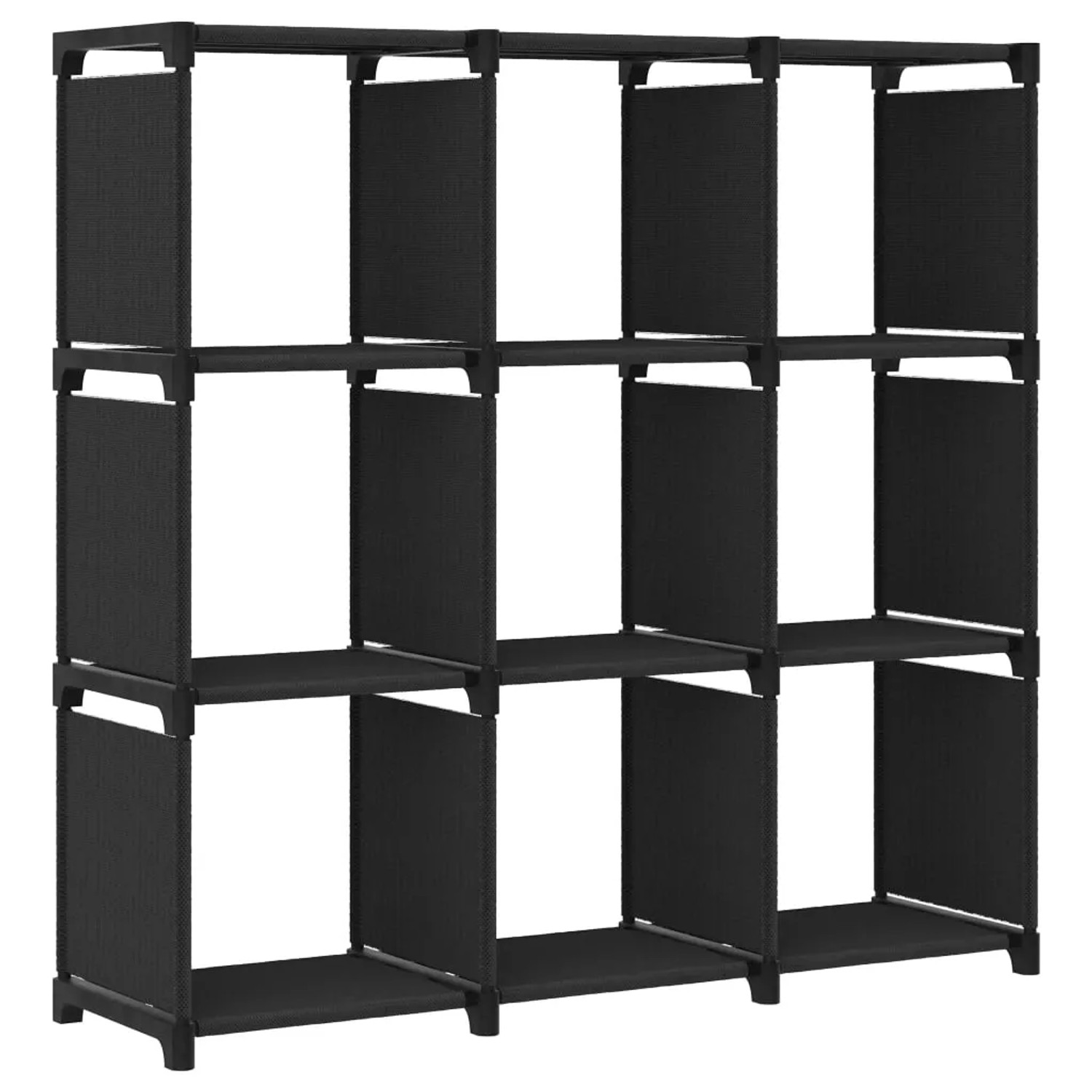 Schwarzes Würfelregal mit 9 Fächern aus Stoff, 103x30x107,5 cm, ideal für Bücher und Deko.