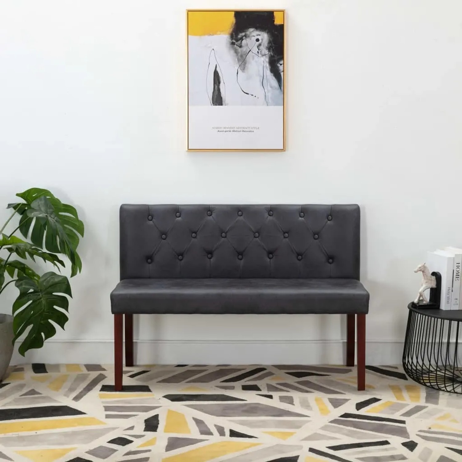 Graue vidaXL Sitzbank (120 cm) im Wildleder-Look mit Knopfmuster-Rückenlehne.