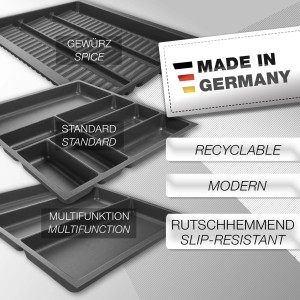 Drei anthrazitfarbene SOTECH ORGA-BOX-3 Schubladeneinsätze: für Besteck, Gewürze und Multifunktion. Rutschhemmend, Made in Germany.