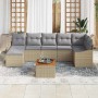 Beiges 8-teiliges Garten-Sofa-Set aus Poly Rattan mit Kissen und Tisch.