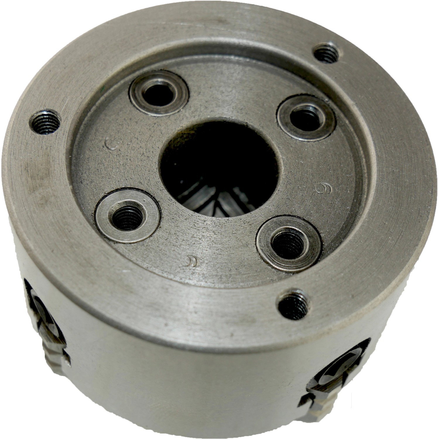 Rotwerk Planscheibe, 8 cm Durchmesser, für Drehmaschinen. Werkzeugaufnahme mit Spannbacken.