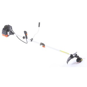 FUXTEC Benzin Motorsense FX-MS152, 3 PS, mit silbernem Schaft, schwarzem Motor, Zweihandgriff und Fadenkopf.