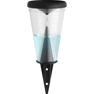 TFA Regenmesser aus transparentem Kunststoff mit schwarzem Deckel und Erdspieß. Thermometer zur Messung der Niederschlagsmenge.