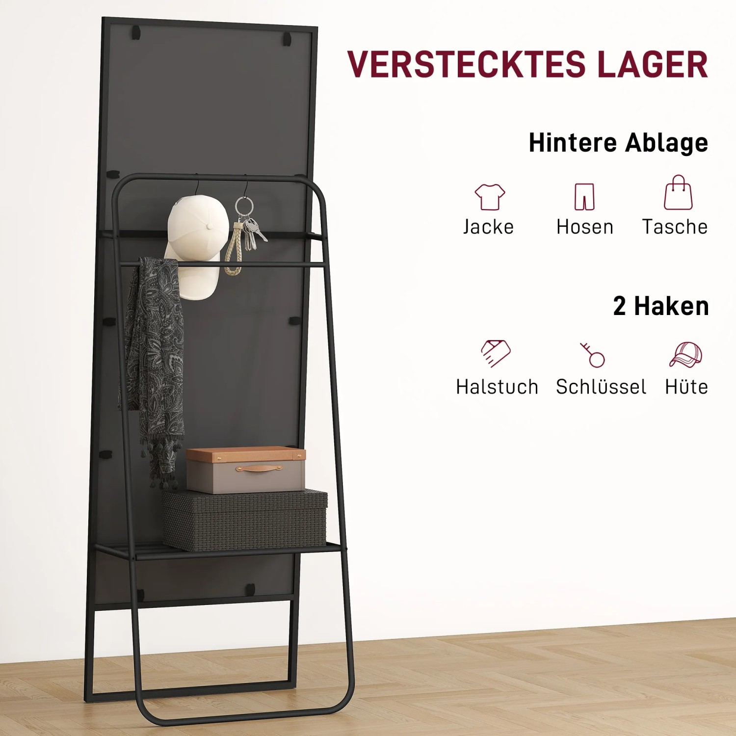 HOMCOM Ganzkörperspiegel, schwarz, mit Ablage und Haken für Jacken, Hüte und Accessoires.
