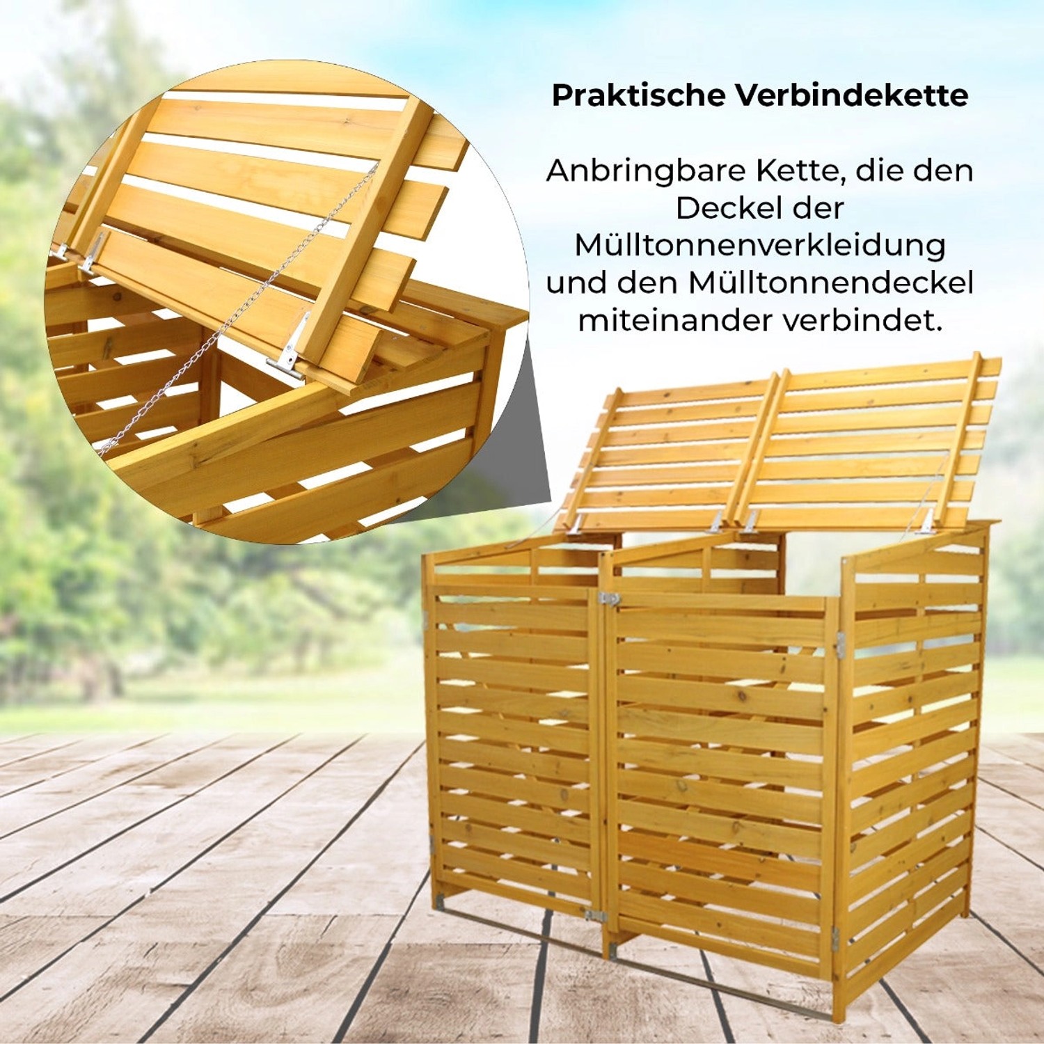 Mülltonnenbox aus Holz für 2 Tonnen, mit Deckel und praktischer Kette.