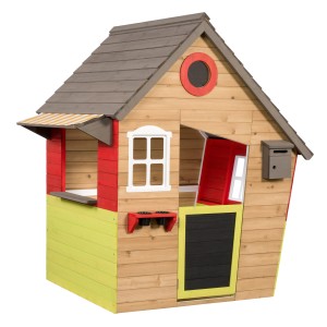 Swing King Spielhaus Fairytale aus Holz mit Briefkasten und Blumentöpfen.