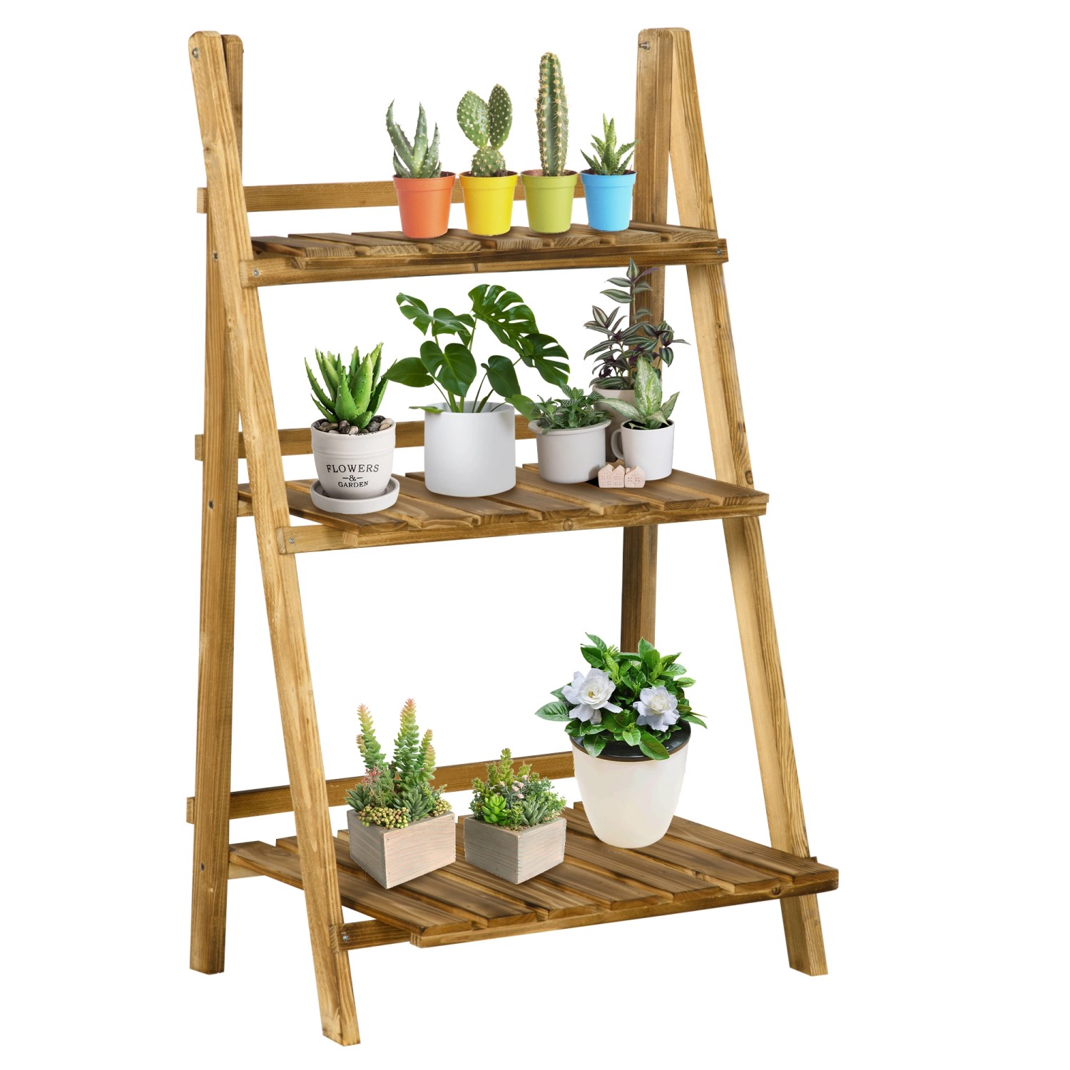 Outsunny  Pflanzenregal Tannenholz Verkohlt L60 x B37 x H93 cm