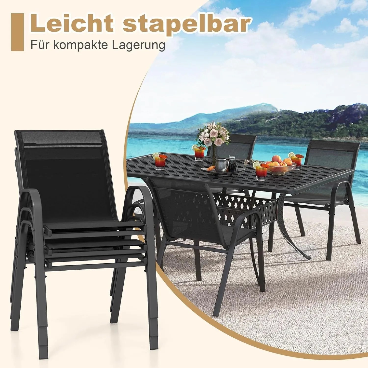 Costway 4er Set Gartenstühle, stapelbar, mit Textilene und Metallgestell in Schwarz.
