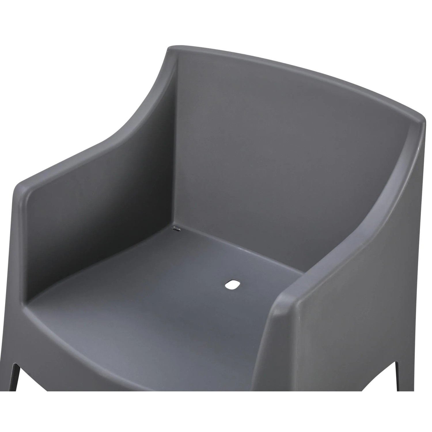 Dunkelgrauer DELUKE Gartenstuhl HENRI aus Kunststoff mit Armlehnen und Ablaufloch im Sitz. Stapelbarer Outdoor-Stuhl.