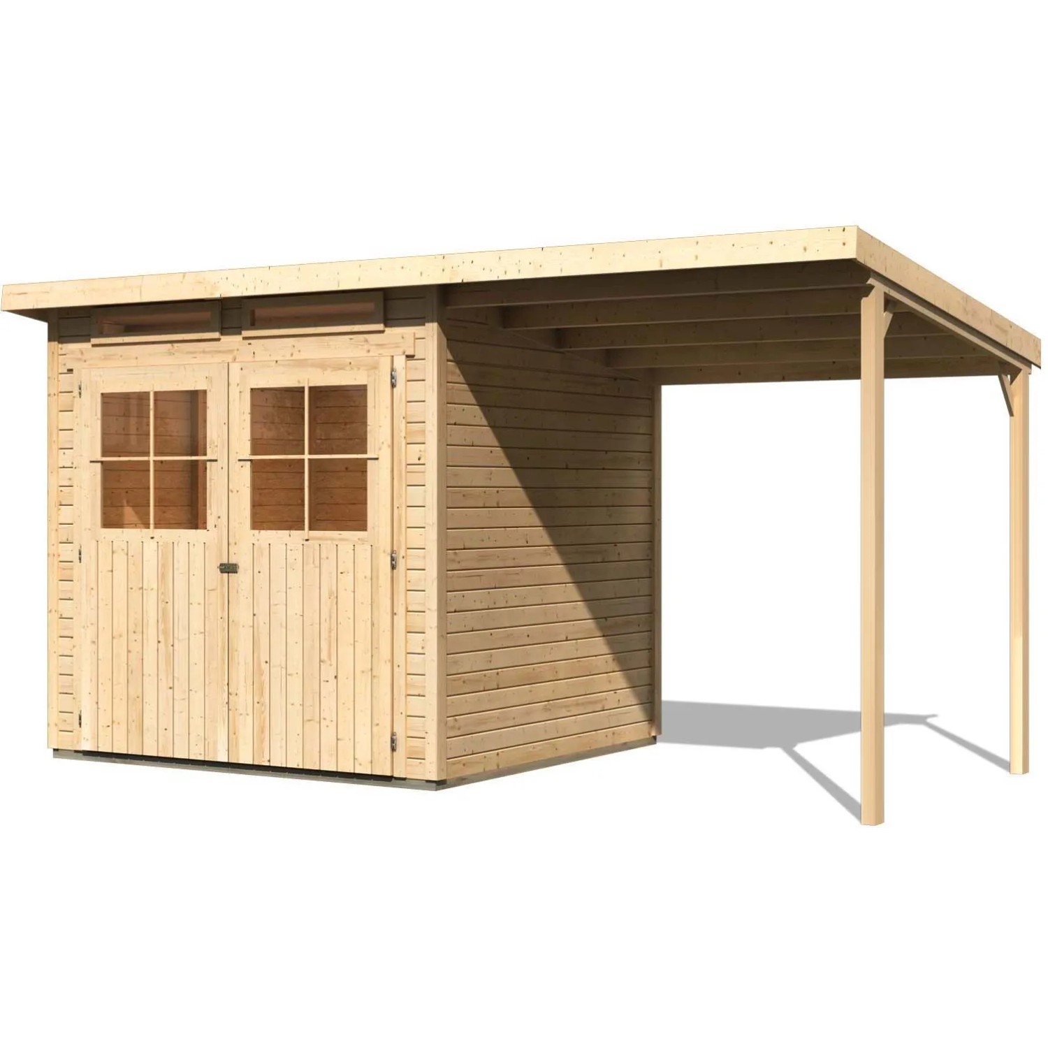 Karibu Holz-Gartenhaus Egersund mit Pultdach und Anbau, unbehandelt.