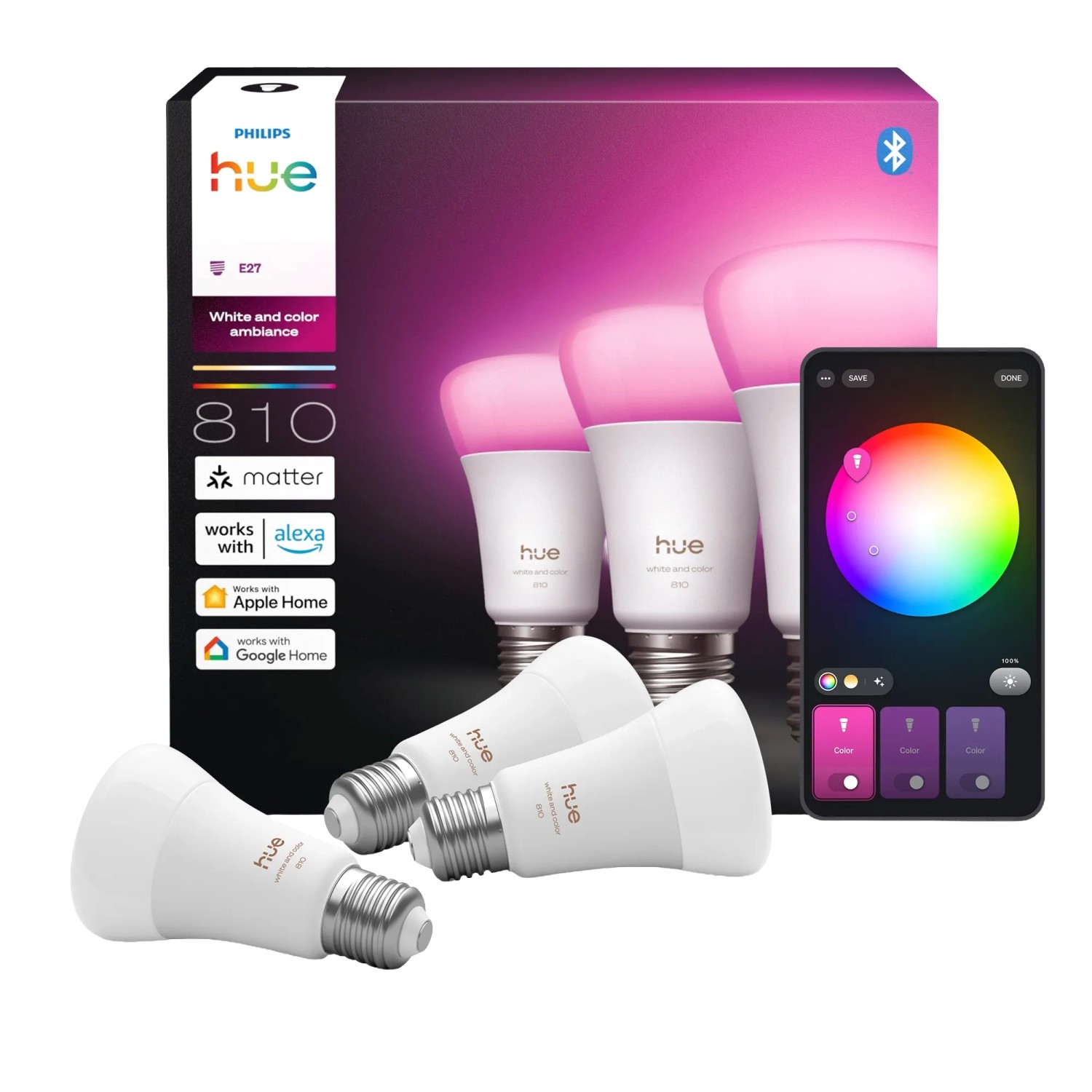 Image of Philips Hue Leuchtmittel E27 White & Color Ambiance 810,m 6 W 3er Set