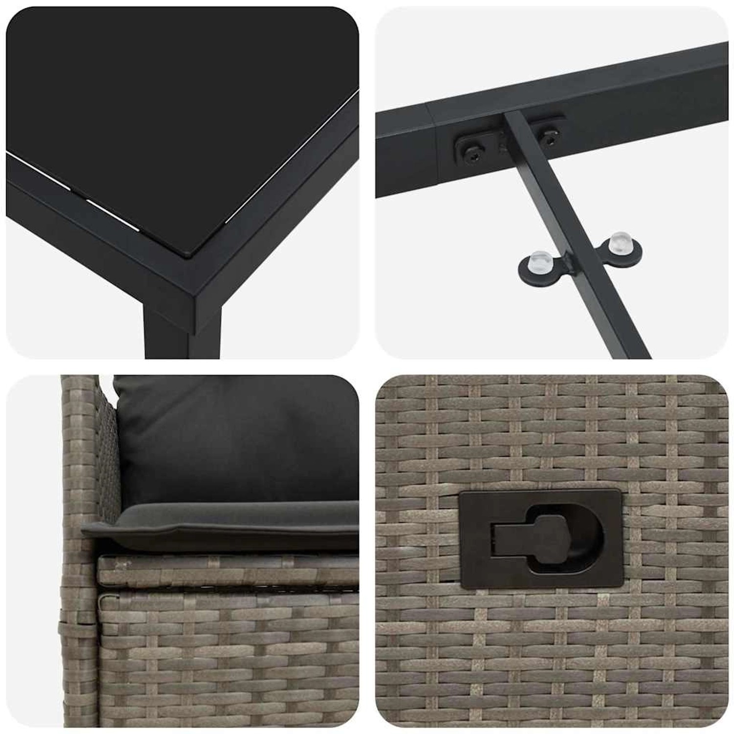 Detailansichten der grauen vidaXL Garten Essgruppe aus Polyrattan mit Tisch, Stuhl und Kissen.