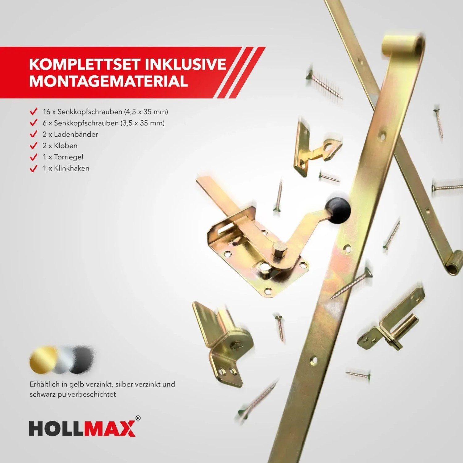 Hollmax Beschlagset gelb verzinkt für Gartentore: Kloben, Bänder, Torfalle und Schrauben inklusive.