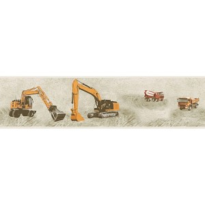 PROFHOME Kinder Tapete mit Baggern und LKW in Orange, Beige und Schwarz.