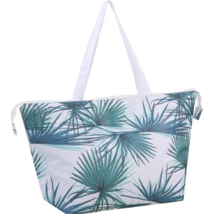 Kühltasche Palmelo 22l mit tropischem Plamblatt-Muster und weißen Tragegriffen.