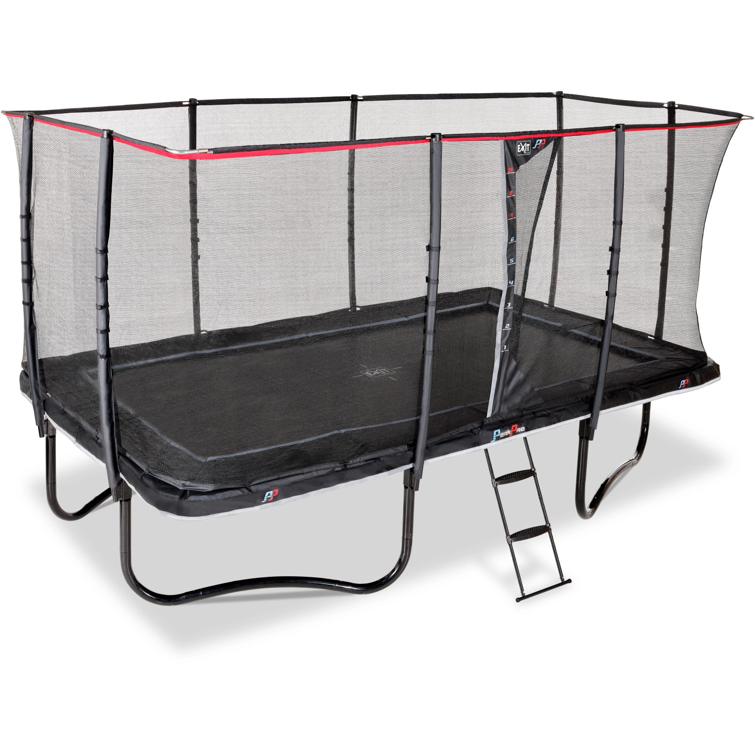 Schwarzes, rechteckiges EXIT PeakPro Gartentrampolin (275x458 cm) mit Sicherheitsnetz und Leiter.