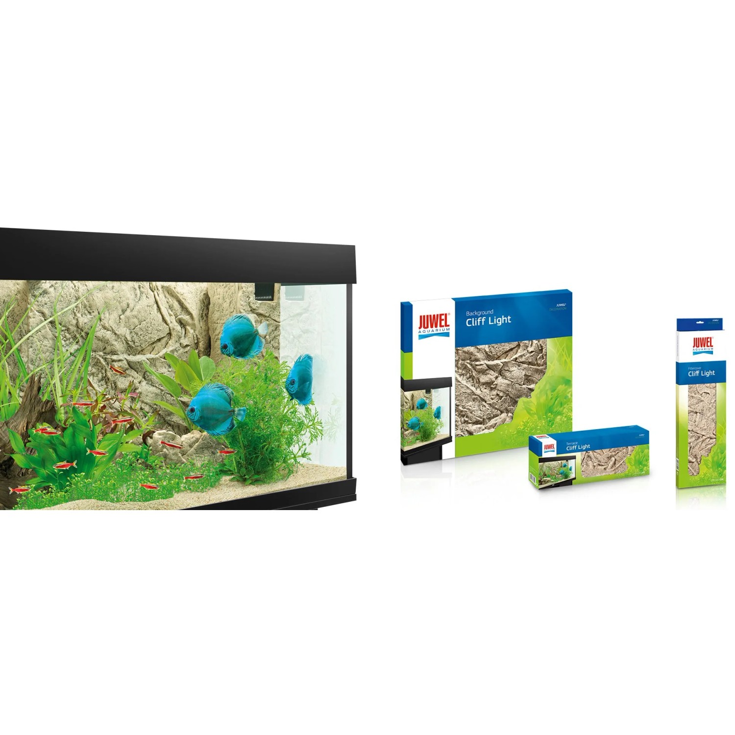 Juwel Cliff Light Filterverkleidung im Aquarium und in Produktverpackung.