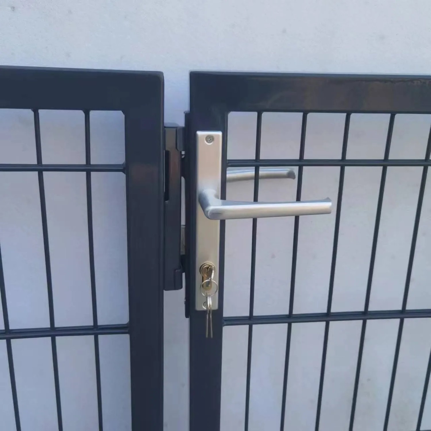 Detailaufnahme: GEWA Gartentor Classic Doppeltor in Anthrazit mit Griff und Schlüssel.