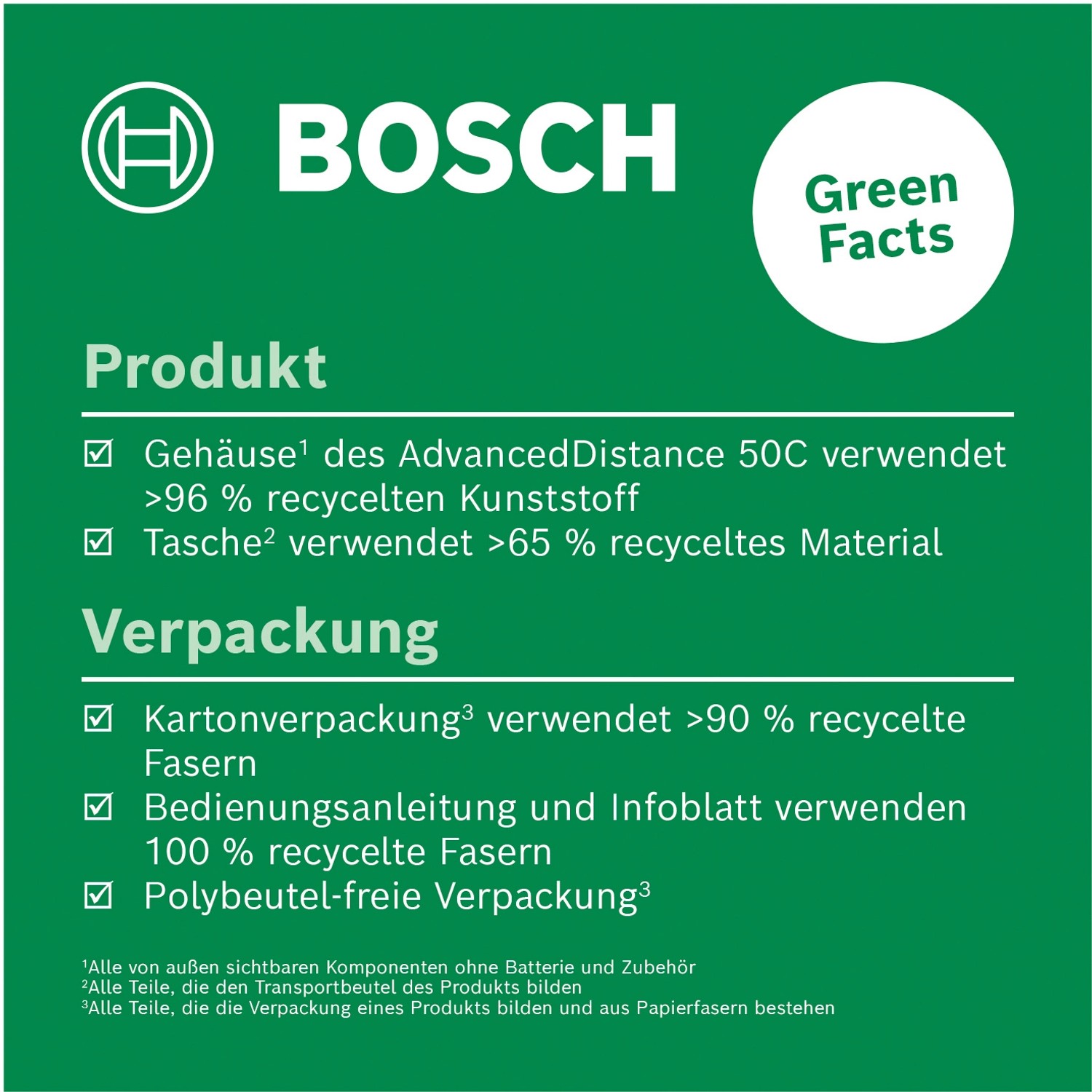 Nachhaltigkeit des Bosch Laser-Entfernungsmessers AdvancedDistance 50 C: Gehäuse, Tasche und Verpackung recycelt.