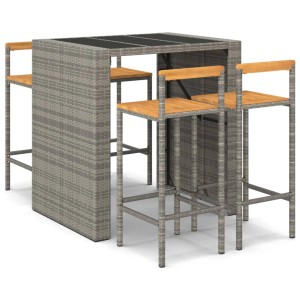 5-tlg. Gartenbar-Set Grau aus Rattan und Akazienholz mit Tisch und 4 Stühlen.