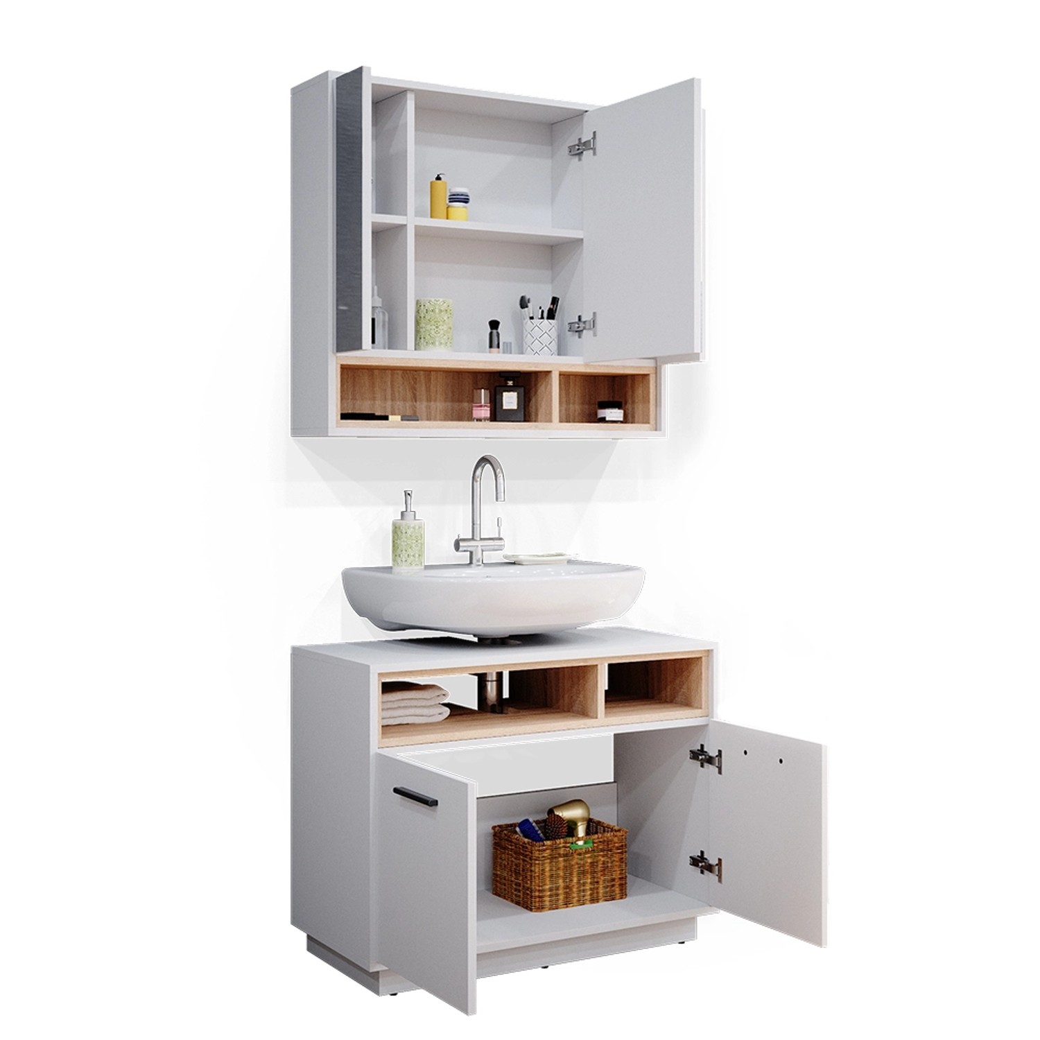 Vicco Badmöbel-Set Beatrice, 2-teilig in Weiß/Sonoma mit Spiegelschrank und Waschbeckenunterschrank.