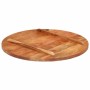 Runde Akazienholz Tischplatte (70cm) mit honigbraunem Finish und zwei Holzstützen.