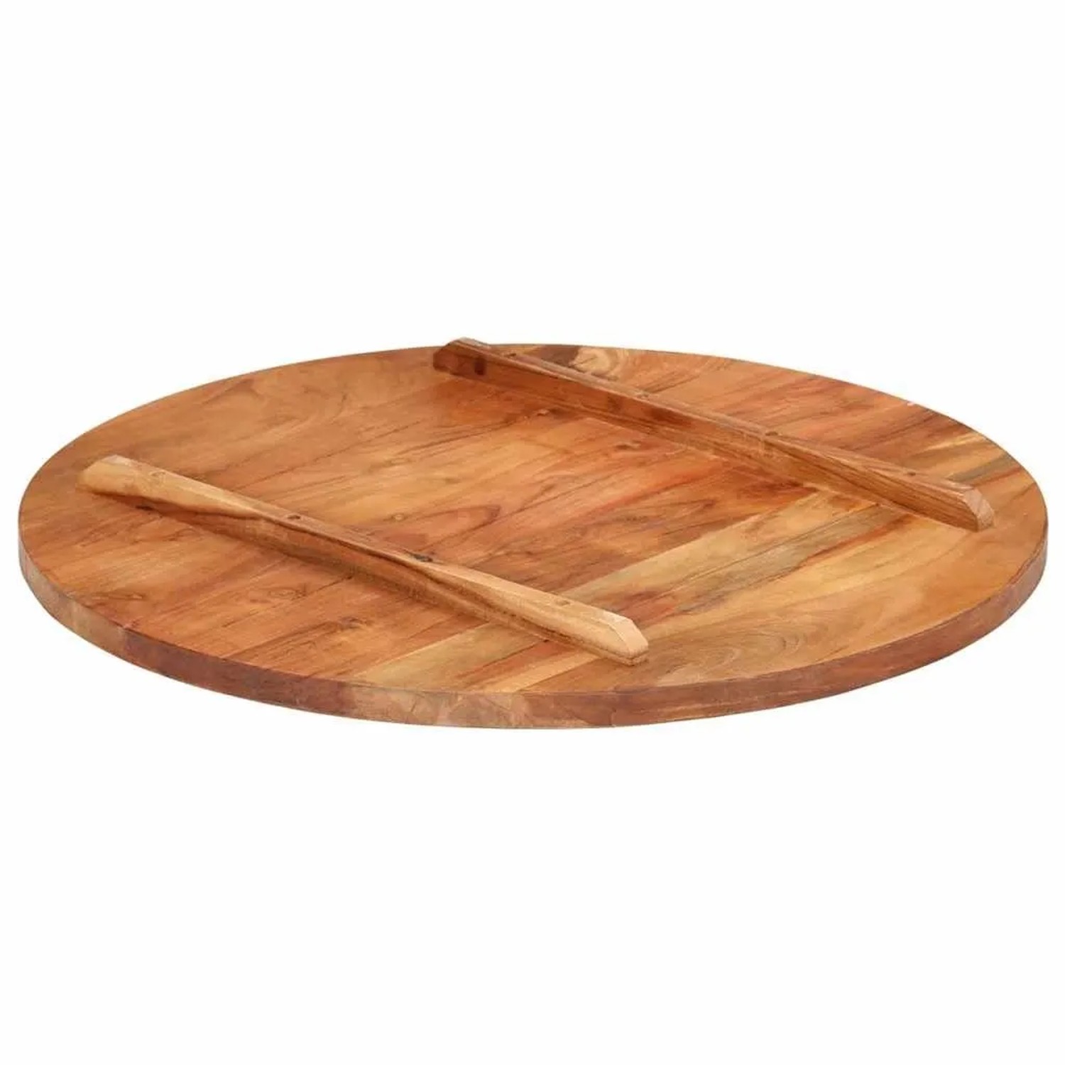 Runde Akazienholz Tischplatte (70cm) mit honigbraunem Finish und zwei Holzstützen.