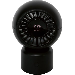 Schwarzer Tischventilator mit LED-Anzeige und USB-Anschluss. Kompakter Ventilator für Schreibtisch oder Nachttisch.