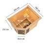Karibu Sauna Sanna 3 mit Ofen, naturbelassene Massivholzsauna mit Maßen. Aufgebaut mit Liegen.