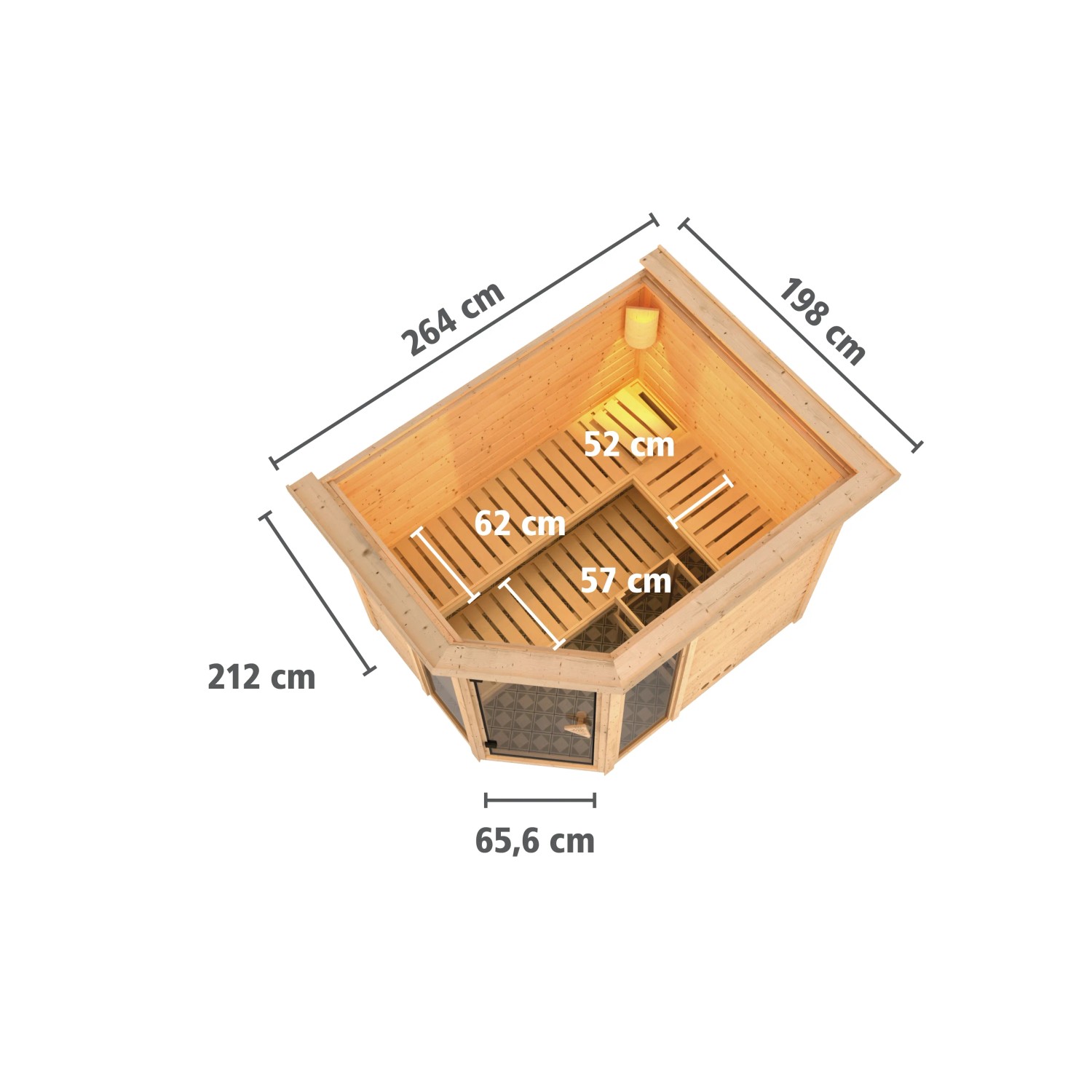 Karibu Sauna Sanna 3 mit Ofen, naturbelassene Massivholzsauna mit Maßen. Aufgebaut mit Liegen.