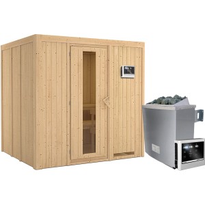 Karibu Sauna-Set Stina mit Ofen, Steuerung und Energiespartür aus nordischer Fichte.