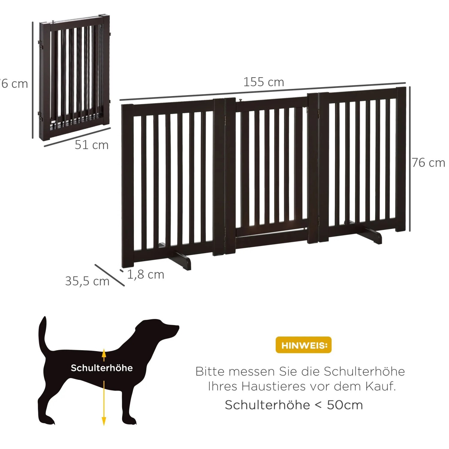 Dunkelbraunes PawHut Absperrgitter, 155x76 cm, verstellbar, klappbar, für kleine bis mittlere Hunde.