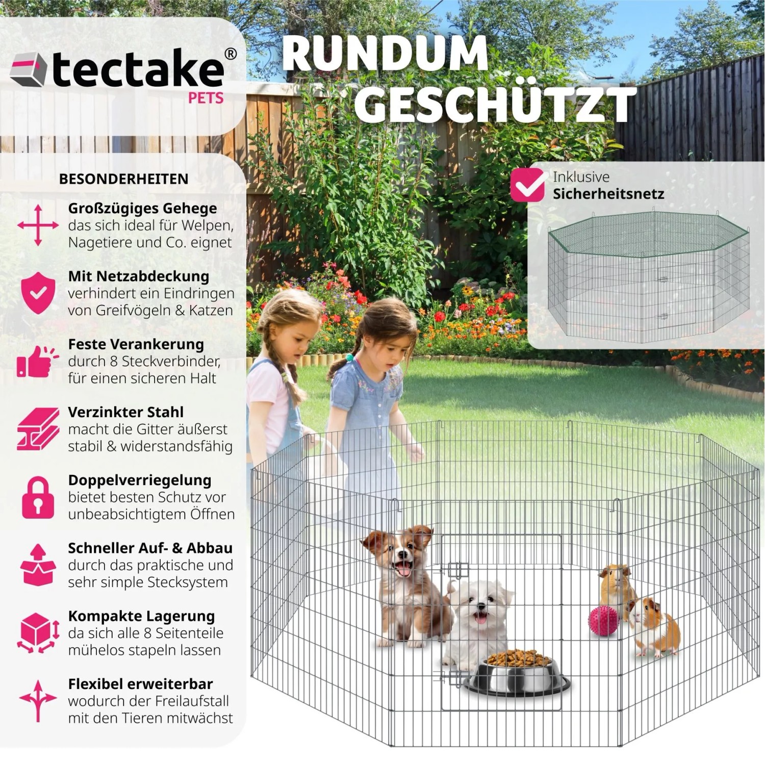 Tectake Freilaufgehege  Fluffy Aus 8 Gitterelementen Inklusive Sicherheitsnetz   204 x 204 x 93 cm Silber_2