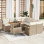Beiges 9-teiliges vidaXL Garten-Sofa-Set aus Poly Rattan mit Tisch und Stauraum.